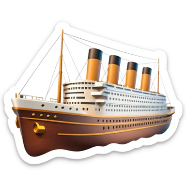 A 3D emoji of a Titanic ship in Apple style, glossy and smooth surface, bright clean colors with subtle shading, simple and minimal details, no face or expressions, floating on calm ocean, soft shadows, high-quality render, isolated on white background.


 sticker