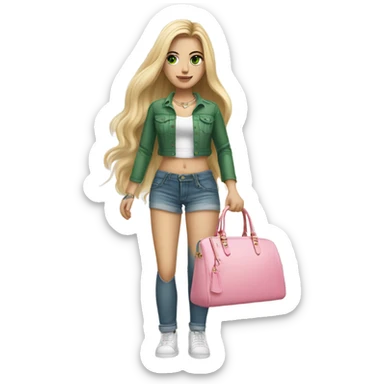 Realistic White girl with Long straight blonde hair, green eyes, tattoos, full body wearing white crop top and jeans, holding pink håndbagage sticker
