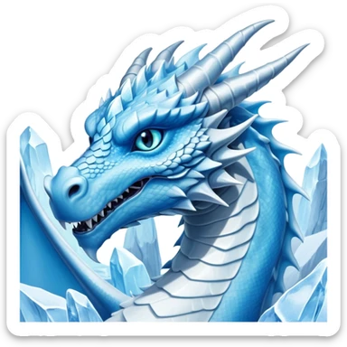 Cinematic Noble wise elegant Ice Dragon Portrait Emoji, Poised and imposing, distinct long elegant snout, with a slender, scaled body shimmering in glacial hues of icy blue, frostbitten silver, and crystalline white, breathing out frost, with piercing, glowing ice blue white eyes that radiate the chilling depths of an arctic storm; rendered in detail. excuding wisdom sticker