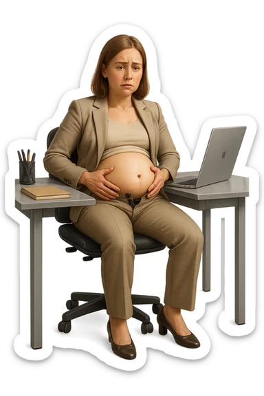 emoji stile iphone di una donna seduta alla scrivania dell'ufficio in completo elegante con i pantaloni sbottonati perché ha la pancia gonfia, falla a corpo intero, iperrealistico 4k sticker