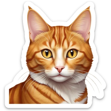 Cinematic Noble Ginger Tabby Cat Portrait Emoji, Poised and regal, with sleek orange-brown fur featuring bold tabby stripes and a distinct M-shaped marking on the forehead, bright amber eyes, Simplified yet sharp and sophisticated features, highly detailed, glowing with a soft, dignified glow, high shine, intelligent and graceful, stylized with an air of elegance, focused and attentive, soft glowing outline, capturing the essence of a watchful and refined feline, so majestic it feels as though it could glide across the screen with effortless confidence! sticker