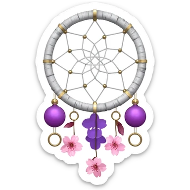 A white-birch-circle-framed Dreamcatcher. with purple-round-orbs, gold-rings hanging down. purple flowers, pink sakura flowers, sticker