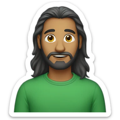 an indian man wearing a green sweatshirt, long hair, no facial hair, waving goodbye, close up sticker