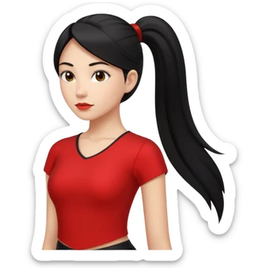 Juni – Cewe Blak-blakan Kulit putih bersih, rambut hitam panjang sleek lurus, diikat half ponytail. Pakai atasan asymmetric merah terang . Pose tangan di pinggang, tatapan tajam percaya diri. sticker