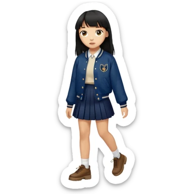 hair : black long hair with fringe 
skin : light 
outer : deep brown varsity jacket (oversize) 
skirt : navy long long school girl skirt (under knee)  
motion : walking alone 


 sticker