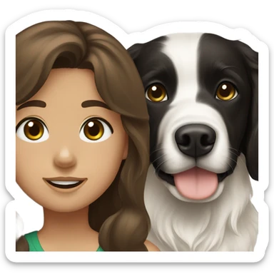 Girl with brown hair and green brown eyes next to a black golden retriever and épagneul breton black and White  sticker