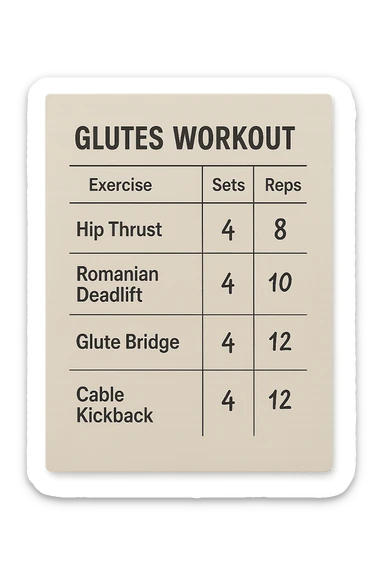 scheda di allenamento glutei con le reps scritte (tipo 4x8 ecc), iperrealistico 4k sticker