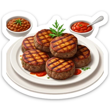 Cinematic Realistic image of Turkish Köfte, presented as perfectly formed, spiced meat patties with detailed textures and subtle grill marks, arranged artfully on a simple plate and illuminated by warm, appetizing lighting that accentuates their savory appeal. sticker