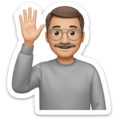 60 yr man partial brown hair parted in center, mustache, light glasses, sweatshirt waving hello sticker