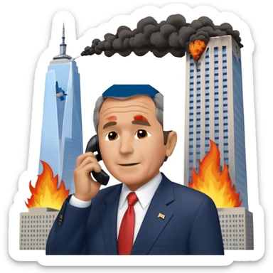  emoji of the world trade center with a plane crashed into it and george bush on a phone in front of them sticker