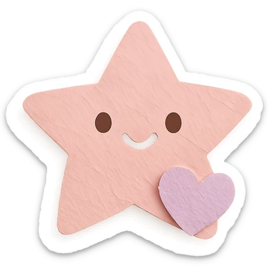 happy pastel pink star with a tiny pastel heart in front, no arms or legs, full body, transparent background, kawaii paper craft style sticker