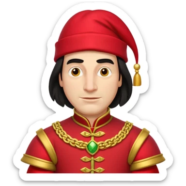 lord farquad avec un chapeau rouge plat sur le dessus, il a un vetement rouge avec des manches bouffantes rouge et dorée sticker