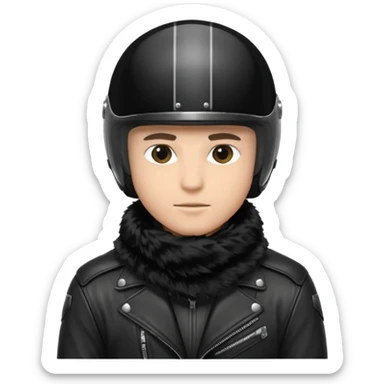 un homme avec un casque de moto totalement noir avec une écharpe en fourrure noir une chemise blanche et une jacket noir sticker