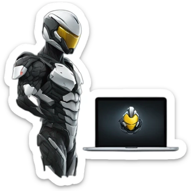 Side view developer behind his laptop with this style : Crytek Crysis Video game with nanosuit hacker themed character sticker