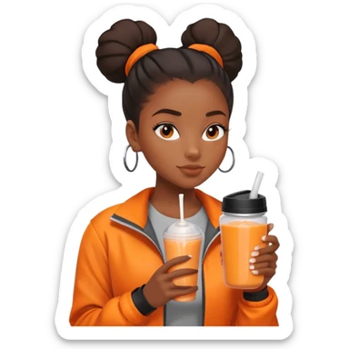 Black girl with orange jacket drinking pre workout shake middle part slick back bun sticker