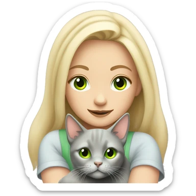 blonde girl with green eyes cuddling grey cat sticker