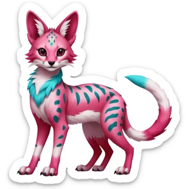 Epic complex detailed sanguine-red magenta pink white pastel realistic aesthetic-scenic-Fakémon-Trico-Sergal-Serval-Vernid-creature with cyan markings  sticker