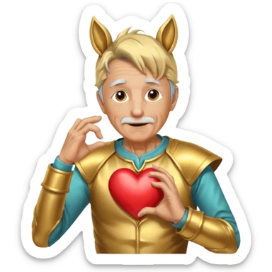 An elderly man with golden skin, his body shining like polished metal, wearing a horse cosplay costume with horse ears and a tail. He is making a heart shape with his hands and blushing slightly, showing a shy and embarrassed expression. sticker