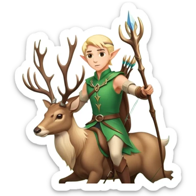 clash-of-clans-aesthetic-blond-male elf-archer-portrait-emoji, rendered in a flat, vector-style with minimal shading and bold, simplified shapes, head tilted slightly forward with a determined, focused expression, riding a majestic stag whose luminous antlers glow with mystical energy, set against an ancient, enchanted forest backdrop. sticker