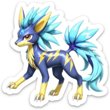 Shiny colorful exotic Feral Scaly Striking Slaying Badass Evil Handsome Lightning-patterned Zig-zagged buzzy fuzzy Meloetta-Renamon-Luxray-Cobalion-Suicune-Vernid-fusion-hybrid-creature, full body  sticker
