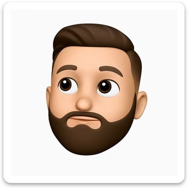 Transform this photo into a front-facing 3D emoji-style head of a handsome man. Keep the facial features recognizable but stylized like a modern emoji—smooth, clean, and expressive. Make the eyes look slightly upward, as if he’s thinking or imagining something. Only the head, no body. Use soft 3D shading and a white background. No text. sticker