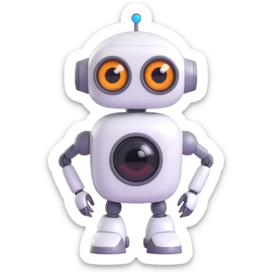 Friendly robot with big expressive eyes — round head, glossy finish, slightly clumsy but charming (think Wall-E meets Baymax). sticker