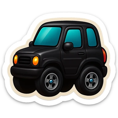Transform the Mercedes G-Class into a squeezed minicar with a shorter and taller body, bigger wheels and windows. Make it look cute and playful in a black color with minimal details and a glossy finish, in a retro stickers emoji style. sticker