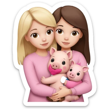 Girlfriends, blonde and brunette, hugging each other with a teddy bear and a little pig sticker