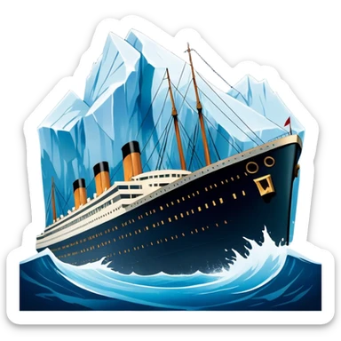 Icon for Titanic Movie: A vintage movie poster-style design featuring a dramatic scene of the ship, the iceberg, and a romantic silhouette of the main couple. Include elements like the ship’s bow, water splashes, and a starry sky in the background. Retro cinematic feel. Transparent background. sticker