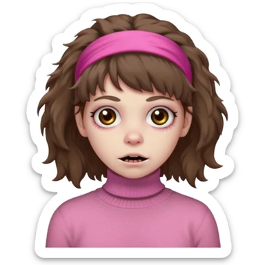 brown fluffy haired zombie with pink turtleneck sweater and hair band sticker
