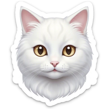 Cinematic Cute White Cat Portrait Emoji, Head tilted with a soft, gentle smile and sparkling eyes, featuring a silky, pristine white fur with subtle silver highlights, simplified yet irresistibly adorable, highly detailed, glowing with a warm, snowy glow, high shine, radiating affectionate charm and tender grace, styled with a light, playful outline, capturing the essence of a cute white cat that looks as if it could melt your heart with a single blink! sticker
