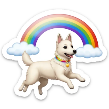 White belgian Shepard jumping Cheerful  over Rain puddles. There is a rainbow in the sky sticker