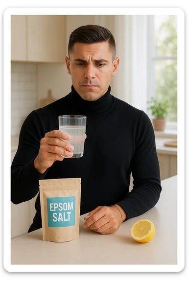 A realistic, bright photo-style image of a young man in his 30s standing in his kitchen, holding a clear glass filled with water in which Epsom salt (magnesium sulfate) has been dissolved. He looks focused but slightly uncertain as he prepares to drink it for a liver flush or digestive cleanse. The glass shows slight cloudiness from the dissolved salt. On the counter are a packet labeled 'Epsom Salt' and a sliced lemon, suggesting he might use it to mask the taste. The setting is clean, natural, and bright with neutral tones. The background shows sunlight streaming through a window, emphasizing a clean, minimalist health-focused environment. The mood conveys a realistic, calm moment of self-care with a hint of discomfort, illustrating a natural detox practice sticker