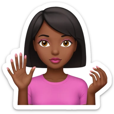 Dark skin girl asking for money with hand out make her more fabulous but still a clean look with a black bob and pink shirt  brown eye  with the kiss lips  sticker