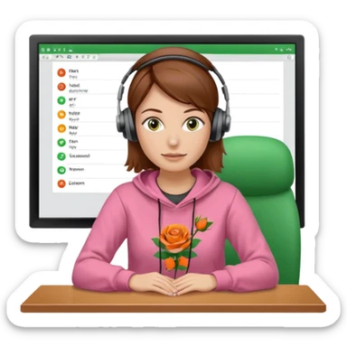 woman, brown hair, middle european, wearing a headset and rose sweatshirt. sitting in the office. she is controling limits on screen: green = ok, orange = bald überschritten, re = limite überschritten sticker