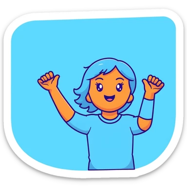 girl wearing pastel blue clothes with arms raised in joy making a hurray celebration gesture sticker