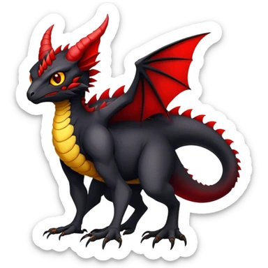a black exotic edgy vernid-fionbri-Fakémon-creature, with red belly and yellow eyes, full body sticker