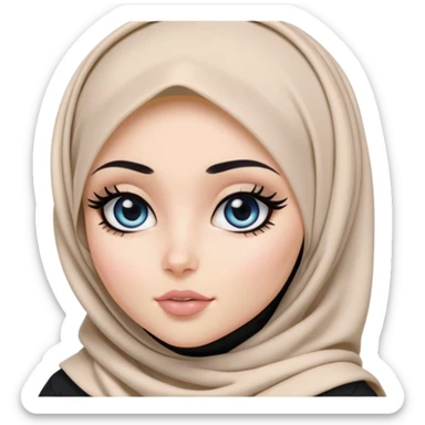 pretty bratz girl, hijabi, dark blue eyes, black eyeliner, pale skin, black clothes sticker