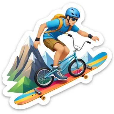 An emblem-style design representing extreme sports and lifestyle, featuring symbols of adventure such as a mountain, a skateboard, a kite, and a bike. The design is bold and dynamic, with sharp lines and energetic colors, capturing the essence of thrill, freedom, and adrenaline. sticker