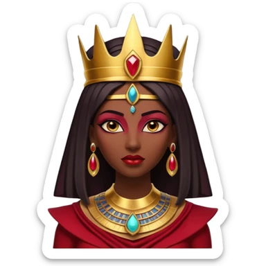 gothic ancient Egyptian queen portrait, head and shoulders only, deep red outfit, gold accents, Egyptian crown, bold makeup, dramatic lighting, 3D cartoon, mobile game icon style, clean background, no text, no watermark
 sticker