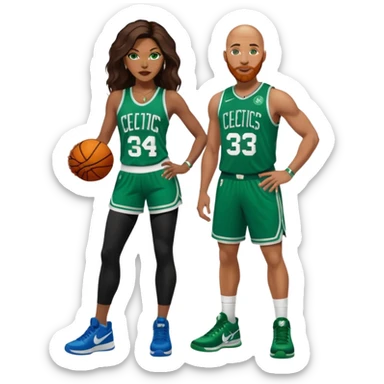 48-year-old black woman with brown eyes, long dark brown balayage hair dressed in sexy 
celtics jersey costume outfit & stilettos. Abald white man with ginger beard. he has blue eyes, wearing a Jason Tatum Boston Celtics Jersey, matching Nike sneakers  sticker