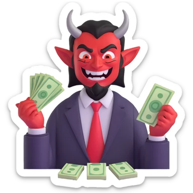 sinister demon salesman counting money with evil smile sticker