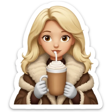 Tanned Girl with lashes , blonde hair, in an extremely big fluffy oversized coat and hold hot chocolate drink sticker