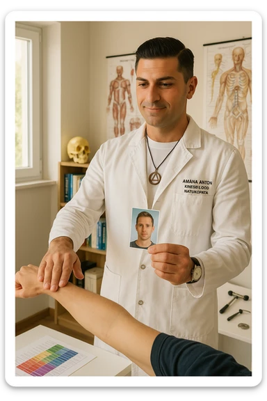 a middle-aged man, dressed in casual professional attire, is in a bright, organized therapy studio. Durante una visita di kinesiologia, il ragazzo tiene con una mano la foto di una persona lontana (il “testimone”) tiene la foto in mano, mentre con l’altra mano esegue un test muscolare su un cliente presente senza foto. Sullo sfondo si vedono libri di kinesiologia, poster anatomici e strumenti tipici della disciplina. L’atmosfera è concentrata e serena, con luce naturale che entra dalla finestra, sottolineando l’aspetto alternativo e umano della pratica. sticker