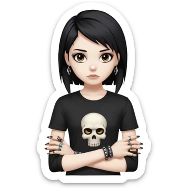 vkei styled black hair, pale skin, brown eyes with eyeliner (emo looking) and black shirt with skull and punk bracelets sticker
