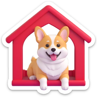 red dog house with a playful and cute Corgi dog inside, clear view of the Corgi, 3D emoji style sticker
