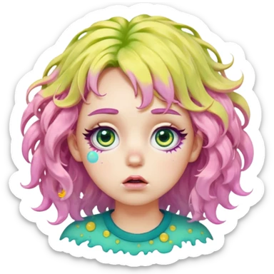 messy, wavy chartreuse hair, with pink specks, bushy eyelashes, and big round eyes, with irises that are teal on the outside and yellow on the inside while making a pouty face saying pay attention to me in bubble words sticker