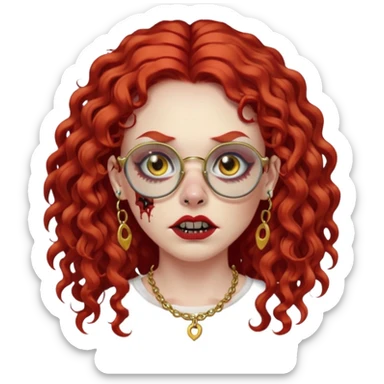 zombie with long red curly hair, thick lashes, black glasses, gold nose piercings on each nostril, and a gold eyebrow piercing. sticker