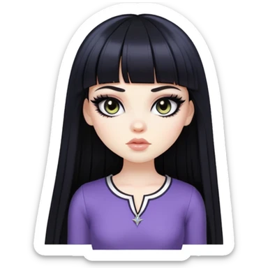 straight black long bangs hair, pale skin, dark black iris, pretty bratz baddie, strong black eyeliner sticker