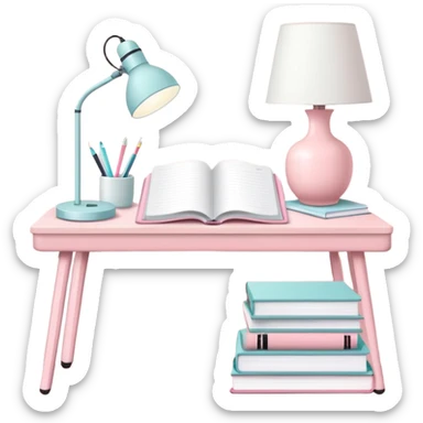 Pastel pink study desk with white lamp, open planner, and neatly stacked books sticker